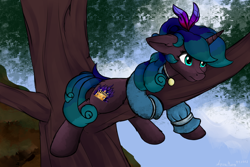 Size: 4840x3232 | Tagged: safe, alternate version, artist:aquamuro, imported from derpibooru, oc, oc only, oc:angerona, pony, unicorn, clothes, ears back, feather, feather in hair, female, in a tree, jewelry, mare, oda 997, panic, signature, solo, stuck, thousand yard stare, tree, tree branch