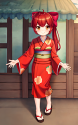 Size: 1536x2457 | Tagged: safe, imported from derpibooru, apple bloom, human, adorabloom, ai content, ai generated, alternate hairstyle, blushing, clothes, cute, generator:stable diffusion, humanized, kimono (clothing), looking at you, ponytail, sandals, smiling, solo