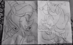 Size: 3580x2232 | Tagged: safe, artist:tanahgrogot, imported from derpibooru, oc, oc only, oc:annisa trihapsari, oc:princess kincade, alicorn, earth pony, pony, balloon, birthday cake, cake, crying, duo, duo female, eyes closed, female, food, happy, happy birthday, hat, open mouth, open smile, party hat, present, sketch, smiling, tears of joy, traditional art