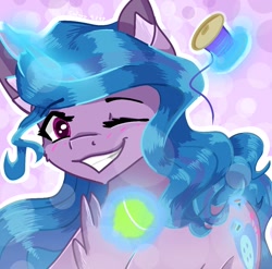 Size: 1024x1012 | Tagged: safe, artist:calaxsy, imported from derpibooru, izzy moonbow, pony, unicorn, abstract background, ball, blushing, chest fluff, cute, female, g5, glowing, glowing horn, grin, horn, izzy's tennis ball, izzybetes, looking at you, magic, mare, one eye closed, signature, smiling, solo, telekinesis, tennis ball, thread, wink
