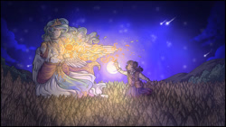 Size: 1280x720 | Tagged: safe, artist:binibean, imported from derpibooru, princess celestia, twilight sparkle, human, duo, eyes closed, female, full moon, grass, grass field, humanized, magic, moon, night, smiling, winged humanization, wings, younger