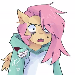 Size: 2048x2048 | Tagged: safe, artist:dmitrymemovznok, imported from derpibooru, fluttershy, anthro, pegasus, clothes, eye clipping through hair, hoodie, looking at you, open mouth, shocked, shocked expression, simple background, solo, white background