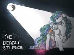 Size: 1920x1440 | Tagged: safe, artist:binibean, imported from derpibooru, princess celestia, alicorn, pony, element of magic, fanfic art, female, floppy ears, looking at something, looking down, mare, mare in the moon, missing accessory, moon, solo