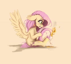 Size: 3344x3020 | Tagged: safe, artist:miokomata, imported from derpibooru, fluttershy, pegasus, pony, colored hooves, female, fire, floppy ears, freckles, freckleshy, gritted teeth, high res, looking at something, mare, panic, simple background, sitting, smoke, solo, spread wings, sweat, tail, teeth, wings, yellow background