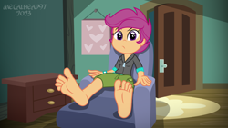 Size: 8000x4500 | Tagged: safe, alternate version, artist:metalhead97, imported from derpibooru, scootaloo, human, equestria girls, equestria girls series, barefoot, chair, clothes, commission, feet, female, fetish, foot fetish, foot focus, indoors, looking at you, reclining, scootaloo is not amused, shoes, short hair, sitting, unamused