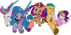 Size: 1312x661 | Tagged: safe, artist:pascalmulokozi2, edit, edited screencap, imported from derpibooru, screencap, hitch trailblazer, izzy moonbow, pipp petals, sunny starscout, zipp storm, earth pony, pegasus, pony, unicorn, g5, jumping, looking at you, male, mane five (g5), my little pony: tell your tale, not a vector, simple background, stallion, transparent, transparent background, youtube