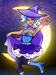 Size: 1536x2048 | Tagged: safe, artist:dumpsterdude, imported from derpibooru, trixie, human, boots, cape, clothes, crescent moon, dress, ear piercing, earring, female, hat, humanized, jewelry, moon, piercing, pose, shoes, sleeveless, sleeveless dress, smiling, solo, tan skin, trixie's cape, trixie's hat
