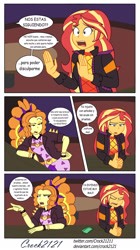 Size: 1280x2284 | Tagged: safe, artist:crock2121, imported from derpibooru, adagio dazzle, sunset shimmer, human, comic:another world, equestria girls, equestria girls series, sunset's backstage pass!, spoiler:eqg series (season 2), comic, dialogue, duo, female, music festival outfit, spanish, translated in the comments, translation request