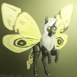 Size: 4000x4000 | Tagged: safe, artist:stardustspix, imported from derpibooru, oc, oc:io, changeling, moth, mothling, original species, chest fluff, fangs, female, solo, transgender, wings, yellow changeling