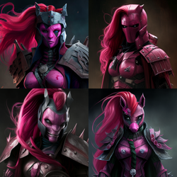 Size: 1024x1024 | Tagged: safe, imported from derpibooru, pinkie pie, anthro, ai content, ai generated, armor, creepypasta, female, generator:midjourney, marvel, marvel cinematic universe, pinkamena diane pie, supervillain