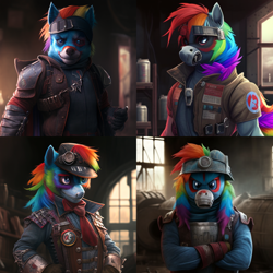 Size: 1024x1024 | Tagged: safe, imported from derpibooru, rainbow dash, anthro, fanfic:rainbow factory, ai content, ai generated, armor, clothes, creepypasta, crossed arms, fanfic art, furry, generator:midjourney, hat, marvel, marvel cinematic universe, rainbow factory dash, supervillain, unknown species, vest