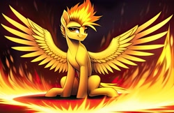 Size: 4608x2982 | Tagged: safe, imported from derpibooru, spitfire, pegasus, pony, ai content, ai generated, concave belly, fire, generator:novelai, generator:stable diffusion, high res, looking at you, sitting, slim, smiling, solo, spitfiery, spitfire's hair is fire, spread wings, thin, turned head, wings