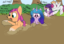 Size: 2000x1400 | Tagged: safe, artist:amateur-draw, imported from derpibooru, izzy moonbow, pipp petals, sunny starscout, zipp storm, earth pony, pegasus, pony, unicorn, female, g5, mare, mud, mud bath, muddy, peril, quicksand, sinking, stuck