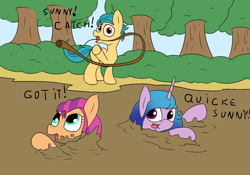 Size: 2000x1400 | Tagged: safe, artist:amateur-draw, imported from derpibooru, hitch trailblazer, izzy moonbow, sunny starscout, earth pony, pony, unicorn, female, forest, g5, male, mare, mud, mud pony, muddy, peril, quicksand, rope, sinking, stallion, stuck
