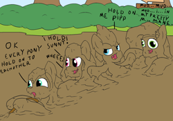 Size: 2000x1400 | Tagged: safe, artist:amateur-draw, imported from derpibooru, izzy moonbow, pipp petals, sunny starscout, zipp storm, earth pony, pegasus, pony, unicorn, covered in mud, female, g5, mare, mud, mud bath, mud pony, muddy, quicksand, rope, sinking, stuck, wet and messy