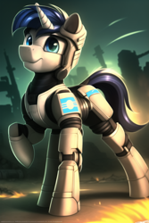 Size: 768x1152 | Tagged: safe, editor:flitter4935, imported from derpibooru, pony, unicorn, ai assisted, ai content, ai generated, armor, armored pony, generator:novelai, generator:stable diffusion, male, power armor, solo