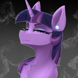 Size: 2480x2480 | Tagged: safe, artist:zpdea, imported from derpibooru, twilight sparkle, pony, unicorn, ear piercing, earring, jewelry, looking at you, makeup, piercing, smoke, solo, unicorn twilight