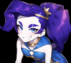 Size: 576x512 | Tagged: safe, imported from derpibooru, rarity, human, equestria girls, ai content, ai generated, black background, blushing, clothes, eyebrows, female, generator:novelai, generator:stable diffusion, grin, looking at you, simple background, smiling, smiling at you, solo, thick eyebrows
