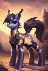 Size: 512x768 | Tagged: safe, editor:flitter4935, imported from derpibooru, oc, pony, ai content, ai generated, armor, armored pony, ear fluff, female, generator:novelai, generator:stable diffusion, guardsmare, looking at you, mare, raised tail, royal guard, smiling, smiling at you, solo, tail