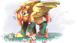 Size: 1280x720 | Tagged: safe, artist:teeteeplays, imported from derpibooru, angel bunny, fluttershy, pegasus, pony, rabbit, animal, clothes, duo, female, flower, flower in hair, mare, simple background, stockings, thigh highs, transparent background