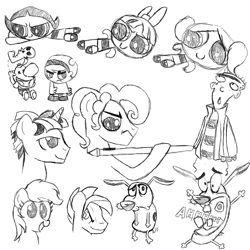 Size: 1000x1000 | Tagged: safe, artist:scootaloormayfly, imported from derpibooru, rainbow dash, dog, earth pony, pony, unicorn, billy (billy and mandy), blossom (powerpuff girls), bubbles (powerpuff girls), buttercup (powerpuff girls), cartoon network, courage the cowardly dog, ed edd n eddy, mandy, monochrome, pencil, rainbow blitz, rule 63, sketch, sketch dump, skull, text, the powerpuff girls