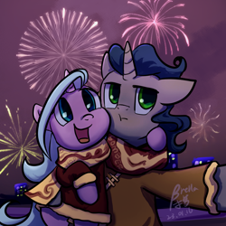 Size: 1000x1000 | Tagged: safe, artist:brella, idw, imported from derpibooru, king sombra, radiant hope, pony, unicorn, clothes, cute, female, fireworks, hopebra, male, mare, night, scarf, selfie, shipping, stallion, straight