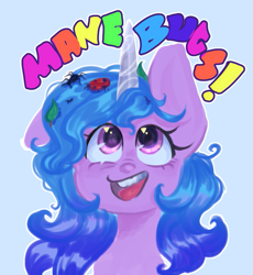Size: 773x842 | Tagged: safe, artist:kreeeeeez, imported from derpibooru, izzy moonbow, ant, beetle, insect, ladybug, pony, unicorn, cute, female, g5, happy, izzybetes, leaf, mare, open mouth, open smile, simple background, smiling, text