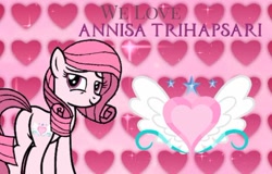 Size: 600x385 | Tagged: safe, artist:diamond-bases, artist:noi kincade, artist:tanahgrogot, imported from derpibooru, oc, oc only, oc:annisa trihapsari, earth pony, pony, butt, earth pony oc, female, heart, heart background, looking at you, mare, pink background, plot, rearing, simple background, smiling, smiling at you, solo, sparkles