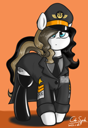 Size: 2400x3500 | Tagged: safe, artist:cdrspark, imported from derpibooru, oc, oc only, oc:chocolate fudge, earth pony, cap, clothes, hat, latex, latex boots, long mane, long tail, military pony, military uniform, necktie, overcoat, simple background, socks, tail, thigh highs, u.d.c.e., u.d.c.e.s.s., uniform