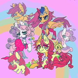 Size: 850x850 | Tagged: safe, artist:batthsalts, imported from derpibooru, apple bloom, applejack, scootaloo, sweetie belle, earth pony, pegasus, pony, unicorn, alternate cutie mark, apple, armor, bow, braid, choker, clothes, cutie mark crusaders, dot eyebrows, dress, ear piercing, earring, female, filly, foal, food, hair bow, hair bun, heart, hoof shoes, jewelry, lying down, mare, necklace, older, older apple bloom, older scootaloo, older sweetie belle, partially open wings, piercing, raised hoof, scarf, standing, tail, tail bow, wings