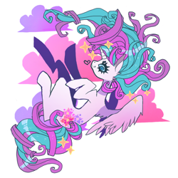 Size: 850x850 | Tagged: safe, artist:batthsalts, imported from derpibooru, princess flurry heart, alicorn, pony, cloud, dot eyebrows, female, heart, looking at you, mare, older, older flurry heart, partially open wings, simple background, smiling, smirk, solo, sparkles, white background, wings