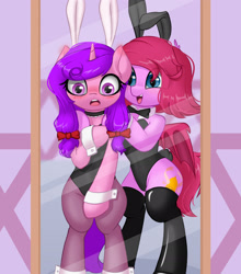 Size: 2000x2268 | Tagged: safe, artist:one4pony, imported from derpibooru, oc, oc only, oc:candlelight warmth, oc:cheery bell, bat pony, pony, semi-anthro, unicorn, bat pony oc, blushing, bunny ears, bunny suit, bunny tail, clothes, female, horn, leotard, mirror, not izzy moonbow, standing on two hooves, tail, unicorn oc