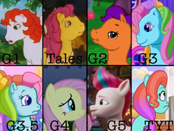 Size: 2400x1800 | Tagged: safe, edit, edited screencap, imported from derpibooru, screencap, bon bon (g1), fluttershy, paradise, rainbow dash (g3), zipp storm, earth pony, pegasus, pony, my little pony tales, my little pony: friendship gardens, spoiler:g5, spoiler:my little pony: a new generation, spoiler:my little pony: tell your tale, spoiler:tyts01e32, baby critters, bag, comparison, female, frown, g1, g2, g3, g3.5, g4, g5, jazz hooves, looking at you, looking down, looking up, mare, my little pony: a new generation, my little pony: tell your tale, side view, smiling, text