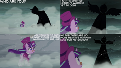 Size: 4400x2475 | Tagged: safe, edit, edited screencap, editor:quoterific, imported from derpibooru, screencap, princess luna, snowfall frost, spirit of hearth's warming yet to come, starlight glimmer, alicorn, pony, unicorn, a hearth's warming tail, female, fog, frown, glasses, hat, mare, mist, open mouth, open smile, shadow, silhouette, smiling, snow, snowfall, spread wings, top hat, wings