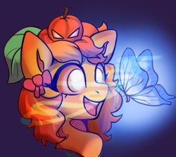 Size: 604x539 | Tagged: safe, artist:melonlicious, imported from derpibooru, oc, oc only, butterfly, pony, bow, bust, commission, glowing, hair bow, head, headshot commission, long hair, looking at something, open mouth, open smile, orange hair, orange mane, orange skin, portrait, pumpkin, simple background, smiling, solo, teeth, white eyes