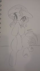 Size: 585x1040 | Tagged: safe, artist:maren, imported from derpibooru, sunset shimmer, pony, unicorn, 2015, blushing, doodle, embarrassed, female, floppy ears, mare, old art, raised hoof, sitting, solo, traditional art, underhoof