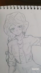 Size: 576x1024 | Tagged: safe, artist:maren, imported from derpibooru, sunset shimmer, human, equestria girls, ..., 2017, blushing, doodle, female, leaning, looking at you, messy hair, old art, solo, traditional art