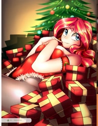 Size: 1593x2048 | Tagged: safe, artist:maren, imported from derpibooru, sunset shimmer, human, equestria girls, 2017, christmas, christmas presents, christmas tree, clothes, digital art, female, fishnet pantyhose, garter, holiday, leotard, lying down, old art, on back, present, solo, tree