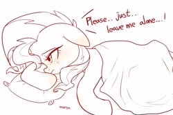Size: 3891x2600 | Tagged: safe, artist:maren, imported from derpibooru, sunset shimmer, pony, unicorn, 2020, blanket, crying, depressed, dialogue, female, high res, leave me alone, looking away, lying down, mare, monochrome, old art, pillow, prone, sad, sketch, solo, sunsad shimmer