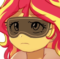 Size: 1036x1009 | Tagged: safe, artist:maren, imported from derpibooru, sunset shimmer, human, equestria girls, 2020, bust, female, frown, old art, portrait, simple background, sleep mask, sleeping, solo, white background