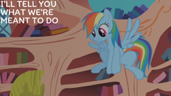 Size: 1280x720 | Tagged: safe, edit, edited screencap, editor:quoterific, imported from derpibooru, screencap, rainbow dash, pegasus, pony, dragonshy, book, bookshelf, female, flying, golden oaks library, looking down, mare, solo