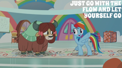 Size: 1920x1080 | Tagged: safe, edit, edited screencap, editor:quoterific, imported from derpibooru, screencap, rainbow dash, yona, pegasus, pony, yak, she's all yak, bow, dance steps, duo, duo female, encouragement, female, grin, hair bow, mare, monkey swings, open mouth, open smile, outstretched hoof, smiling, teenager, tips