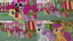 Size: 4400x2475 | Tagged: safe, edit, edited screencap, editor:quoterific, imported from derpibooru, screencap, apple bloom, pinkie pie, scootaloo, sweetie belle, earth pony, pegasus, pony, unicorn, the one where pinkie pie knows, apple bloom's bow, bow, cutie mark crusaders, female, filly, foal, groucho mask, hair bow, mare, walking