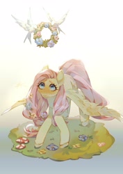 Size: 2480x3508 | Tagged: safe, artist:bak89329971, imported from derpibooru, fluttershy, bird, dove, pegasus, pony, blushing, cute, floral head wreath, flower, looking up, shyabetes, solo, wings