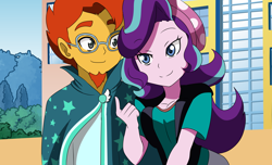 Size: 2300x1395 | Tagged: safe, artist:studiodraw, imported from derpibooru, starlight glimmer, sunburst, human, equestria girls, beanie, cloak, clothes, equestria girls-ified, facial hair, female, glasses, goatee, hat, male, shipping, smiling, starburst, straight, sunburst's cloak