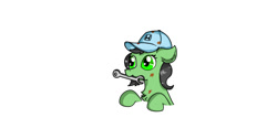 Size: 1643x828 | Tagged: safe, artist:nismorose, imported from derpibooru, oc, oc:anon, oc:filly anon, cap, chest fluff, dirty, ear fluff, female, filly, floppy ears, foal, half body, happy, hat, honda, messy, mouth hold, simple background, white background, wrench