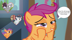 Size: 1280x720 | Tagged: safe, edit, edited screencap, imported from derpibooru, screencap, chipcutter, rumble, scootaloo, tender taps, earth pony, pegasus, pony, forever filly, marks and recreation, on your marks, the last crusade, bedroom eyes, dialogue, female, heart, hormones, implied sex, male, rumbloo, scootachip, shipping, slutaloo, speech bubble, straight, tenderloo