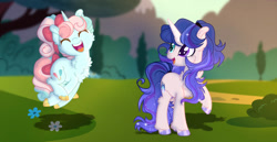 Size: 1242x643 | Tagged: safe, artist:selenavivacity, artist:xxcheerupxxx, imported from derpibooru, oc, oc only, oc:dimensional aura, oc:pop rocks, unicorn, base used, bow, chest fluff, colored hooves, colored horn, colored pupils, duo, duo female, ear fluff, eyes closed, female, flower, fluffy, grass, hair bow, heterochromia, horn, jumping, mountain, offspring, outdoors, parent:flash sentry, parent:party favor, parent:pinkie pie, parent:twilight sparkle, parents:flashlight, parents:partypie, ponytail, shadow, sparkly mane, tree, unicorn oc, unshorn fetlocks
