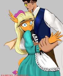 Size: 833x1000 | Tagged: safe, artist:samueldavillo, imported from derpibooru, smolder, anthro, dragon, human, clothes, dress, female, glasses, green dress, maid, male, shocked, smolder also dresses in style, straight, tail, wig, wings