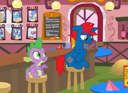 Size: 1683x1227 | Tagged: safe, artist:pixelkitties, artist:ry-bluepony1, artist:scarletwitchinfire, imported from derpibooru, spike, oc, oc:train track, dragon, pony, unicorn, bar, base used, hair, mane, restaurant, show accurate, stool, tail, wings